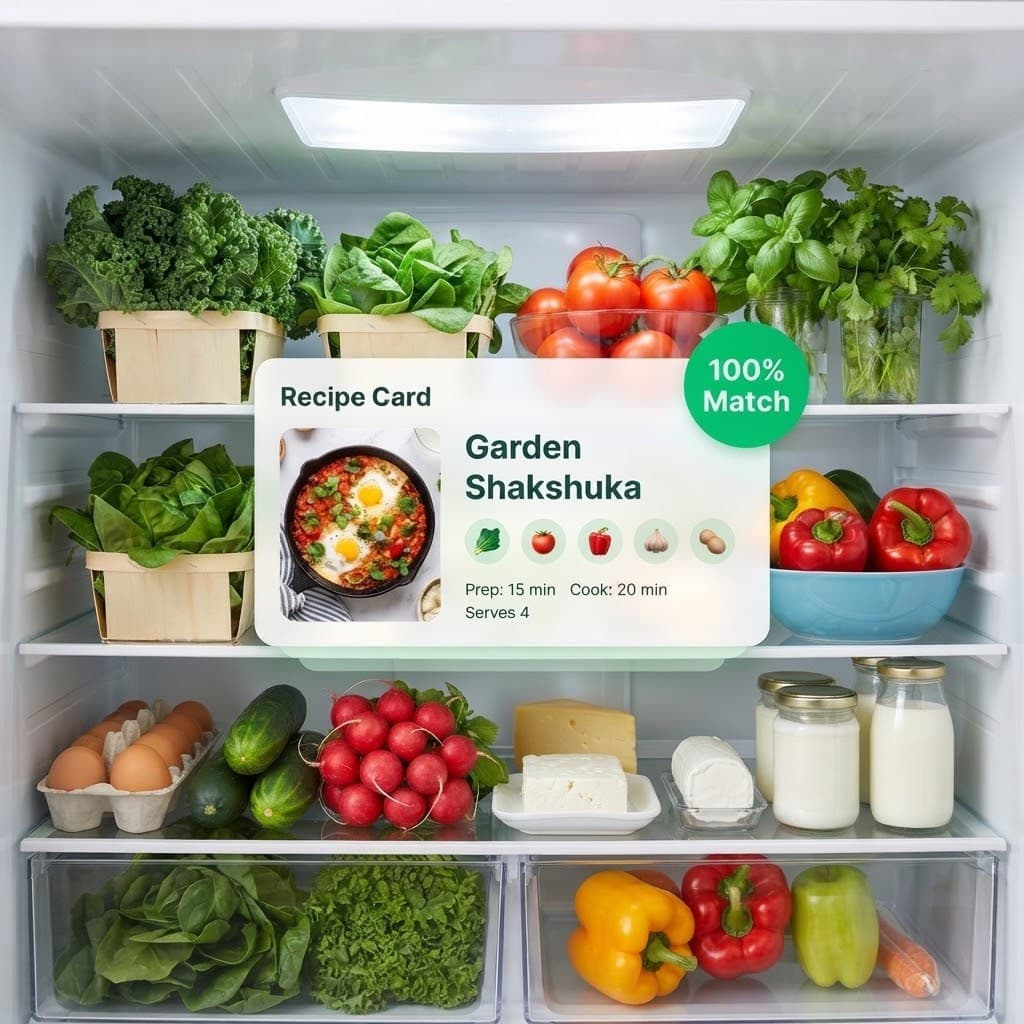 An open fridge full of fresh produce, with the app's recipe-match card overlaid showing a 100% ingredient match